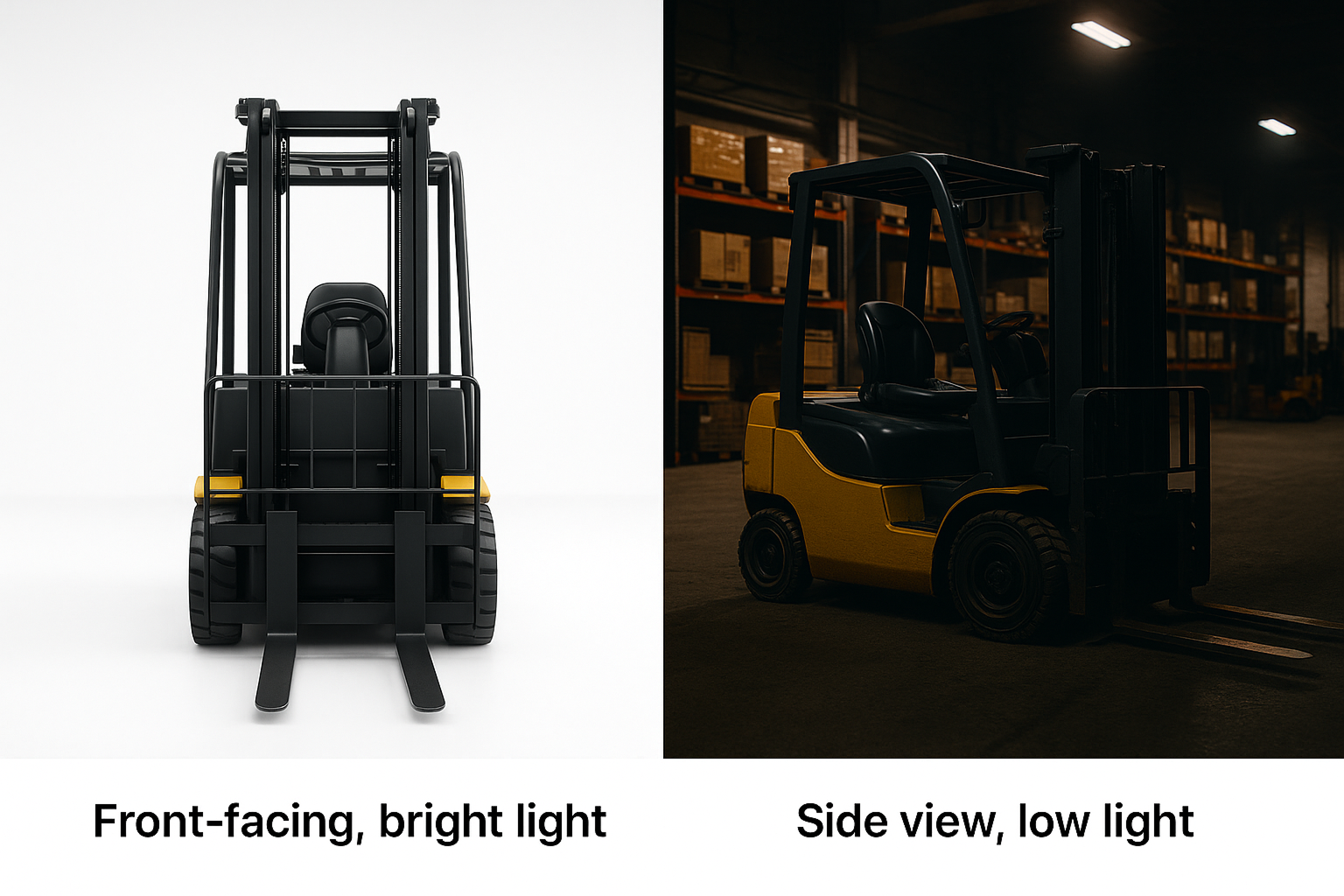 Forklift viewed under different lighting, angles, and backgrounds to illustrate variation.