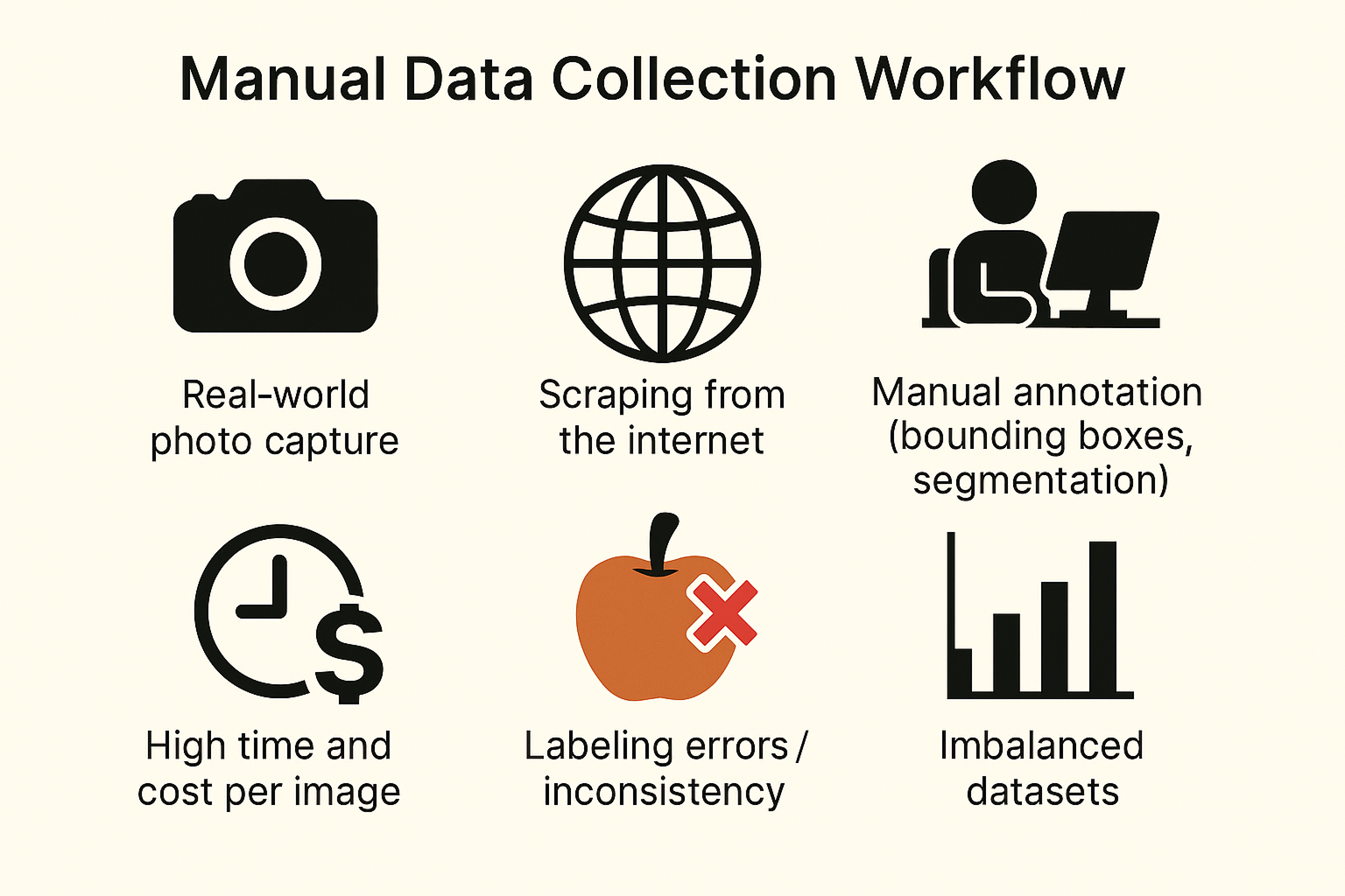 Diagram of manual data collection workflow for computer vision, highlighting time-consuming annotation process