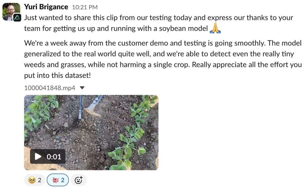 Customer message about the soybean model generalising to the real world